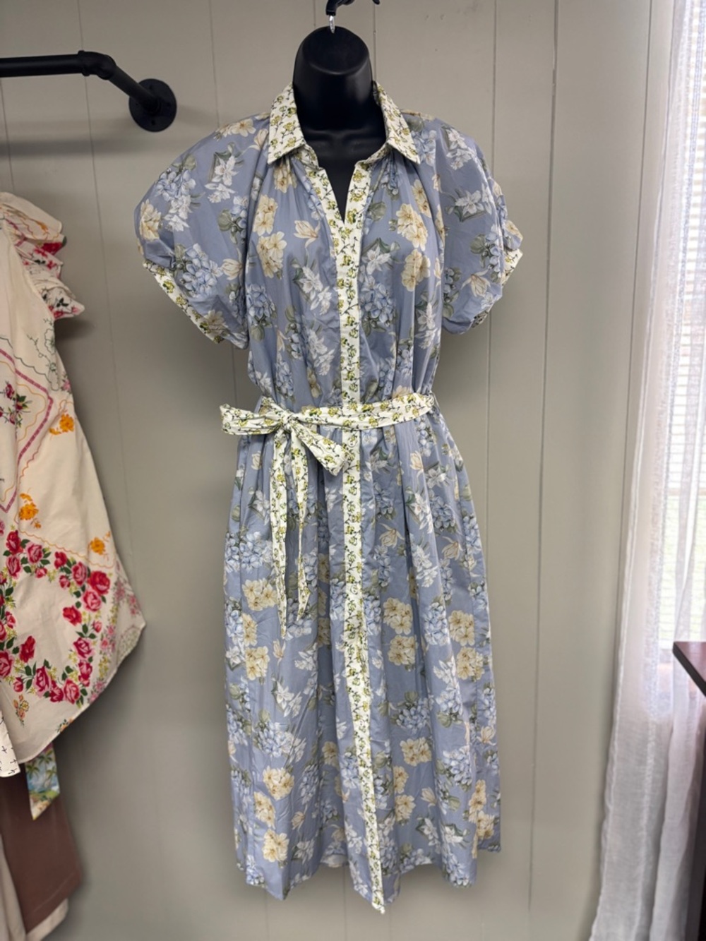 Light Blue Floral Midi Shirt Dress with Self-Tie Waist